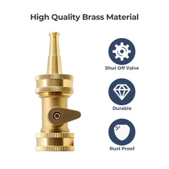 VANCOCO Brass Hose Nozzle, 3/4" GHT High-Pressure Garden Water Jet Nozzle with Built-In Shut-Off Valve for Outdoor Cleaning & Car Wash