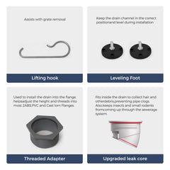 VANCOCO 24" Linear Shower Drain, Brushed 304 Stainless Steel with 2-in-1 Tile Insert Grate, Adjustable Feet & Hair Strainer