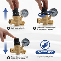 VANCOCO Adjustable RV Brass Pressure Regulator with Gauge, 45-160 PSI, Tool-Free Handle, 3/4" NH Thread