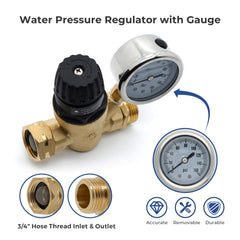 VANCOCO Adjustable RV Brass Pressure Regulator with Gauge, 45-160 PSI, Tool-Free Handle, 3/4" NH Thread