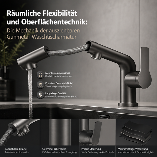 Räumliche Flexibilität und Oberflächentechnik: Die Mechanik der ausziehbaren Gunmetal-Waschtischarmatur
