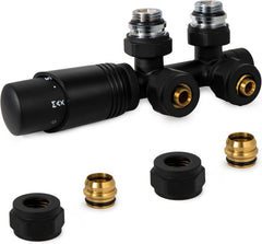 VANCOCO Schwarz Thermostat Multiblock Hahnblock Eckdurchgang 50mm Nabenabstand | Multiblock Ventil-Armaturen Set mit Eurokonus, passend für Ø16×2 mm Kunststoffrohre & Ø15mm Kupferrohre für Heizkörper