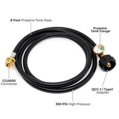VANCOCO Propane Hose Extension with QCC1/Type1 Adapter, 8FT Hose & Tank Gauge for 5-40lb Tanks
