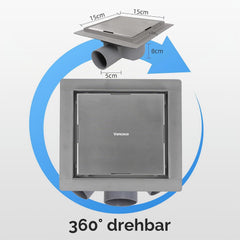 VANCOCO Edelstahl Bodenablauf 150×150 mm, 2-in-1 Befliesbar mit Dichtring | Extra flach, doppelseitig, 360° Siphon mit Geruchsverschluss, Haarsieb und Dichtring für Duschboden