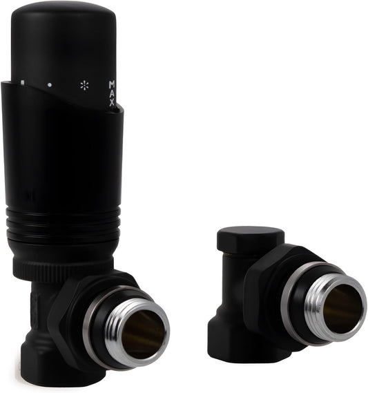 VANCOCO G1/2 Thermostatventil + Rücklaufventil mit verbessertem Dichtring, Eckform für Heizkörper, Schwarz, mit Flüssigfühler und Frostschutzstellung