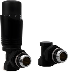 VANCOCO G1/2 Thermostatventil + Rücklaufventil mit verbessertem Dichtring, Eckform für Heizkörper, Schwarz, mit Flüssigfühler und Frostschutzstellung