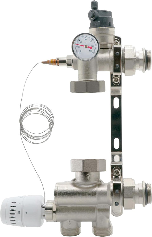 VANCOCO Mischpumpenhalterung 210mm Mittenabstand Fußbodenheizung | Mischstation für Heizkreisverteiler ohne Pumpe, CW617N Messing vernickelt, 20–70°C, bis 220m²