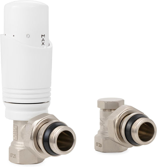VANCOCO G1/2 Thermostatventil + Rücklaufventil mit verbessertem Dichtring, Eckform für Heizkörper, Weiß+vernickelt, mit Flüssigfühler und Frostschutzstellung