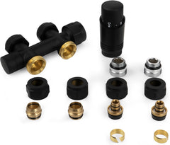 VANCOCO Schwarz Thermostat Multiblock Hahnblock Durchgang 50mm Nabenabstand | Multiblock Ventil-Armaturen Set mit Eurokonus, passend für Ø16×2 mm Kunststoffrohre & Ø15mm Kupferrohre für Heizkörper