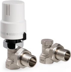 VANCOCO Thermostatventil + Rücklaufventil Komplett-Set 1/2", Gewindeanschluss, Heizkörperventil Heizungsventil, Eckform, Weiß, Flüssigfühler, Frostschutzstellung, Norm EN215
