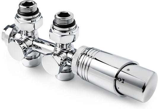 VANCOCO Chrome Thermostat Hahnblock 50mm Eurokonus Heizkörper Set | Ventil-Armaturen Set, Eck- & Durchgangsausführung, Für Heizkörper & Badheizkörper, Eurokonus Anschluss