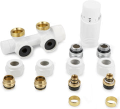 VANCOCO Weiß Thermostat Multiblock Hahnblock Eckdurchgang 50mm Nabenabstand | Multiblock Ventil-Armaturen Set mit Eurokonus, passend für Ø16×2 mm Kunststoffrohre & Ø15mm Kupferrohre für Heizkörper
