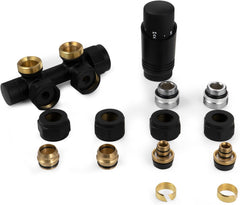 VANCOCO Schwarz Thermostat Multiblock Hahnblock Eckdurchgang 50mm Nabenabstand | Multiblock Ventil-Armaturen Set mit Eurokonus, passend für Ø16×2 mm Kunststoffrohre & Ø15mm Kupferrohre für Heizkörper