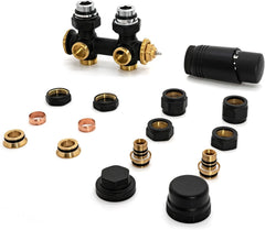 VANCOCO 2er Set Thermostat Hahnblock 50mm Eurokonus Heizkörper Armaturen | Schwarzer Hahnblock 50mm Nabenabstand, Eck & Durchgang, passend für Heizkörper Badheizkörper Eurokonus