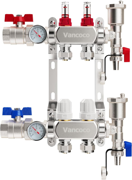 VANCOCO Heizkreisverteiler Edelstahl 2 Heizkreise Fußbodenheizung | Fußbodenheizung Verteiler mit Eurokonus 16×2 mm, Durchflussmesser 5 L/min, 1" Kugelhähne & Schnellentlüfter Set