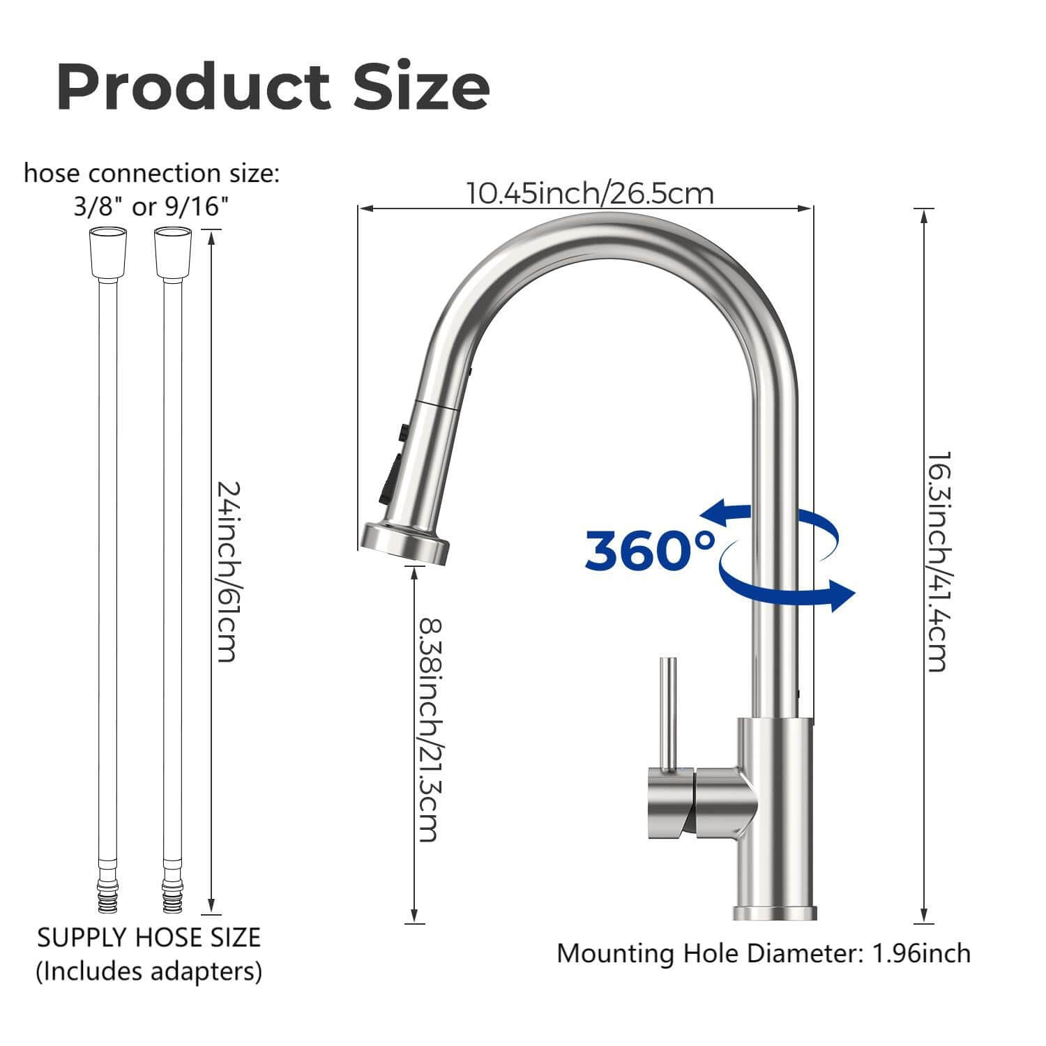 VANCOCO Pull Down Kitchen Faucet, 16" High Arc Single Handle Stainless Steel Faucet with 3-Mode Sprayer, Brushed Nickel