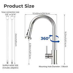 VANCOCO Pull Down Kitchen Faucet, 16" High Arc Single Handle Stainless Steel Faucet with 3-Mode Sprayer, Brushed Nickel