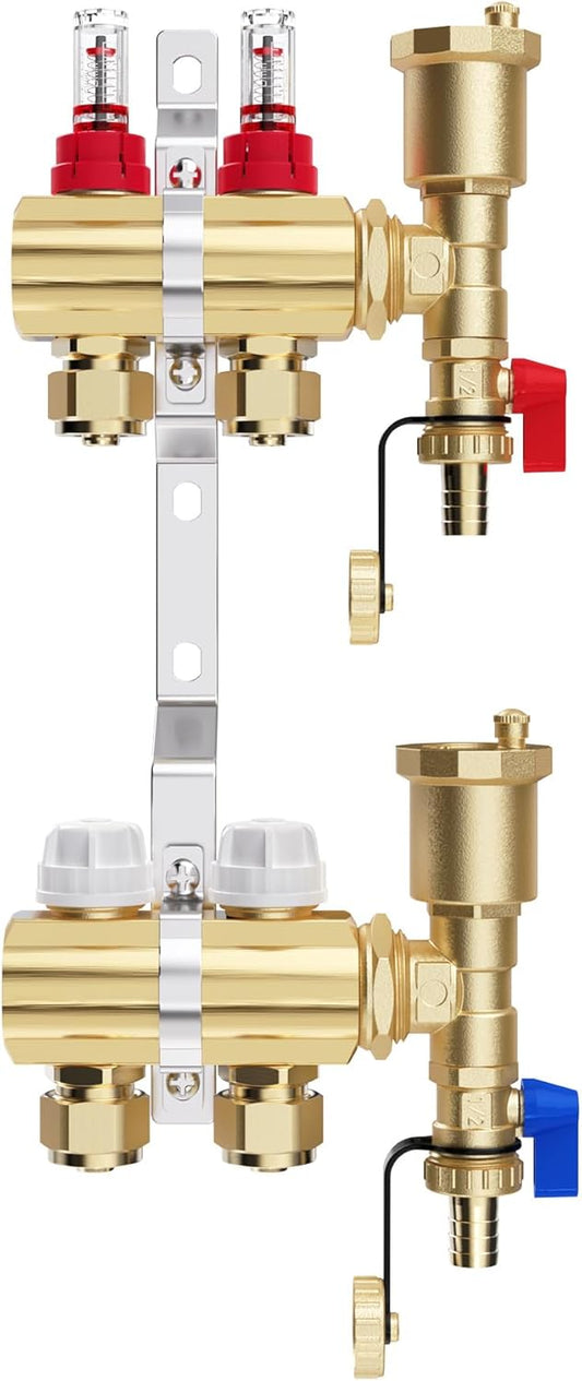 VANCOCO Heizkreisverteiler Messing 2 Heizkreise Fußbodenheizung | Verteiler mit Eurokonus 16×2 mm, Durchflussmesser & Schnellentlüfter Set