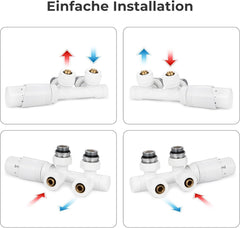 VANCOCO Weiß Thermostat Multiblock Hahnblock Eckdurchgang 50mm Nabenabstand | Multiblock Ventil-Armaturen Set mit Eurokonus, passend für Ø16×2 mm Kunststoffrohre & Ø15mm Kupferrohre für Heizkörper