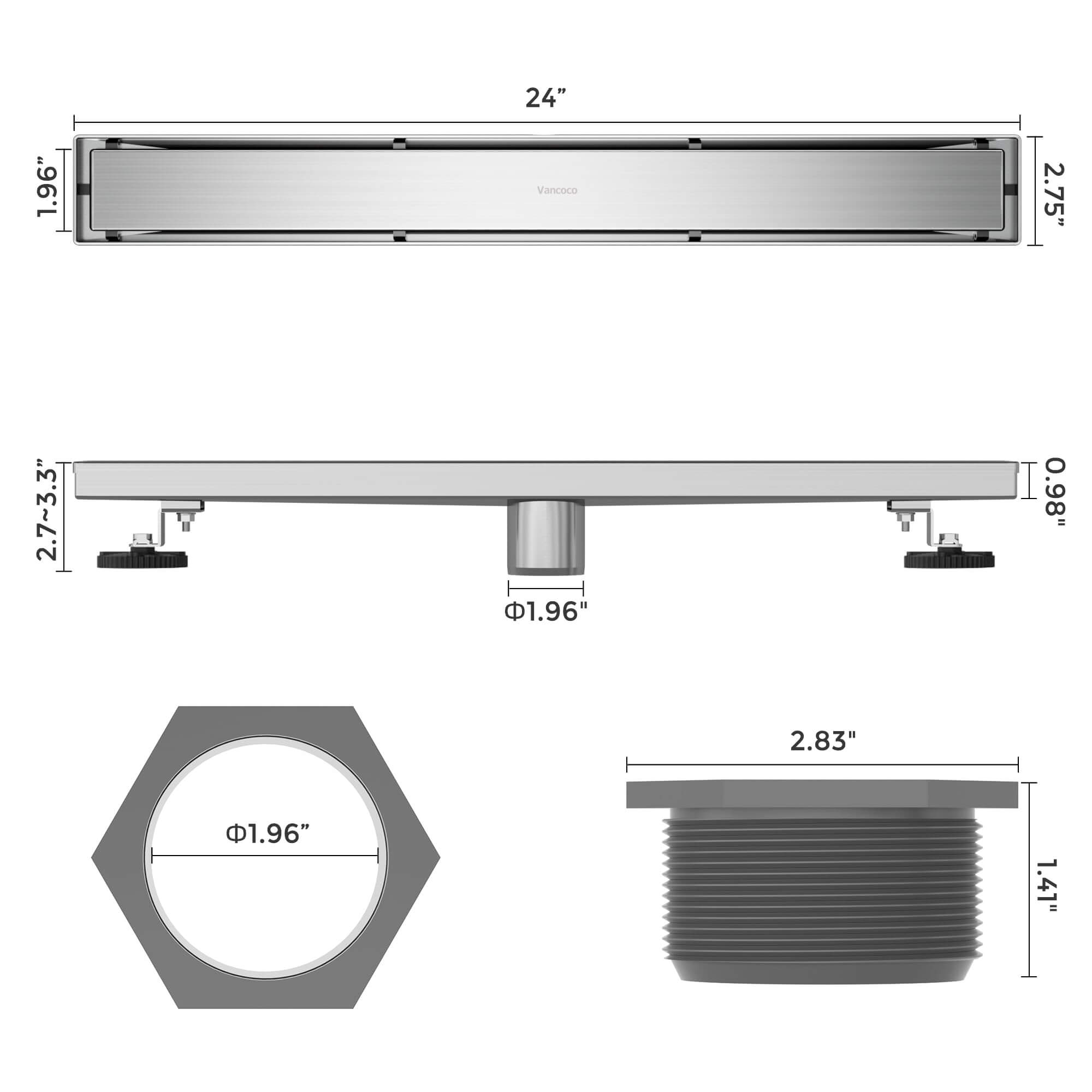 VANCOCO 24" Linear Shower Drain, Brushed 304 Stainless Steel with 2-in-1 Tile Insert Grate, Adjustable Feet & Hair Strainer