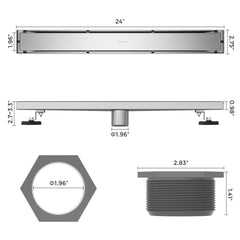 VANCOCO 24" Linear Shower Drain, Brushed 304 Stainless Steel with 2-in-1 Tile Insert Grate, Adjustable Feet & Hair Strainer