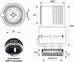 VANCOCO 3 STK. Thermostatkopf Heizkörperventil M30×1,5 mm, Schwarz, Flüssig-Fühler, Frostschutzstellung