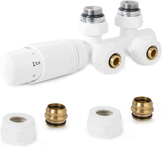 VANCOCO Weiß Thermostat Multiblock Hahnblock Eckdurchgang 50mm Nabenabstand | Multiblock Ventil-Armaturen Set mit Eurokonus, passend für Ø16×2 mm Kunststoffrohre & Ø15mm Kupferrohre für Heizkörper