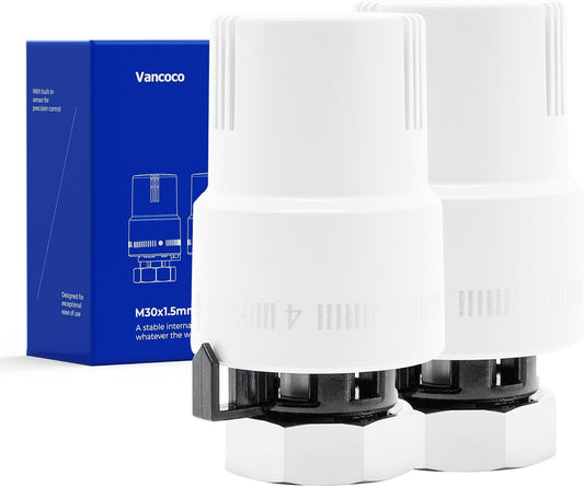 VANCOCO 2 STK. Thermostatkopf Heizkörperventil M30×1,5 mm Weiß Glänzend | Flüssig-Fühler, Einstellbereich 6–28°C mit Nullstellung und Frostschutzstellung, passend für Standard Heizkörperventile