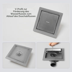 VANCOCO Edelstahl Bodenablauf 150×150 mm, 2-in-1 Befliesbar mit Dichtring | Extra flach, doppelseitig, 360° Siphon mit Geruchsverschluss, Haarsieb und Dichtring für Duschboden