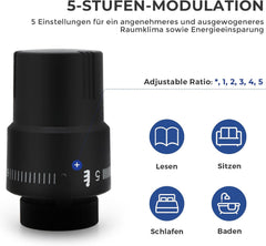 VANCOCO 1/2" Eck Vollschwarz Thermostatventil + Rücklaufventil Set | Flüssigfühler, Dichtringanschluss, Frostschutzstellung, Norm EN215 Heizungsventil Zubehör