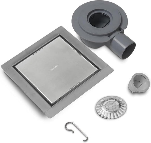 VANCOCO Edelstahl Bodenablauf 150×150 mm, 2-in-1 Befliesbar mit Dichtring | Extra flach, doppelseitig, 360° Siphon mit Geruchsverschluss, Haarsieb und Dichtring für Duschboden