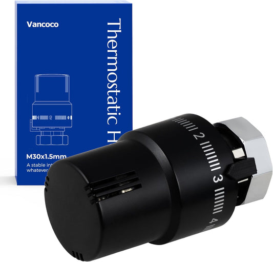 VANCOCO Thermostatkopf Heizkörperventil M30×1,5 mm Schwarz | Flüssig-Fühler, Einstellbereich 6–28°C mit Nullstellung und Frostschutzstellung, passend für Standard Heizkörperventile