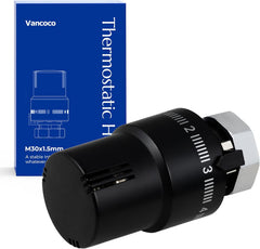 VANCOCO Thermostatkopf Heizkörperventil M30×1,5 mm Schwarz | Flüssig-Fühler, Einstellbereich 6–28°C mit Nullstellung und Frostschutzstellung, passend für Standard Heizkörperventile