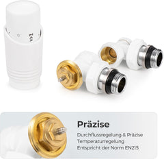 VANCOCO G1/2 Thermostatventil + Rücklaufventil mit verbessertem Dichtring, Eckform für Heizkörper, Weiß, mit Flüssigfühler und Frostschutzstellung