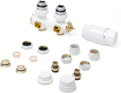 VANCOCO 2er Set Weiß Thermostat Hahnblock 50mm Eurokonus Heizkörper | 50mm Nabenabstand, Eck- und Durchgangsform, passend für Heizkörper & Badheizkörper mit Eurokonus Anschluss