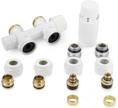 VANCOCO Weiß Thermostat Multiblock Hahnblock Durchgang 50mm Nabenabstand | Hahnblock Ventil-Armaturen Set Eurokonus für Ø16×2 Kunststoffrohre Ø15mm Kupferrohre passend für Heizkörper