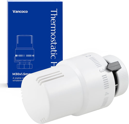 VANCOCO Thermostatkopf Heizkörperventil M30×1,5 mm, Vollweiß, Flüssig-Fühler, Frostschutzstellung