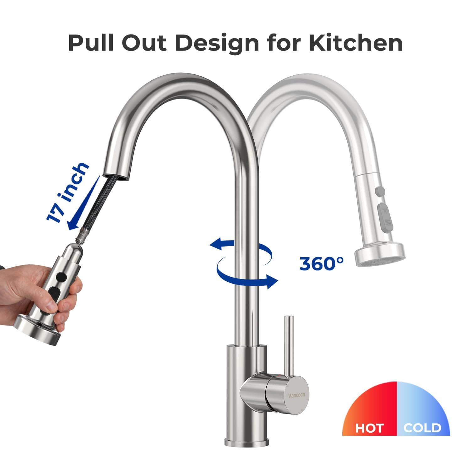 VANCOCO Pull Down Kitchen Faucet, 16" High Arc Single Handle Stainless Steel Faucet with 3-Mode Sprayer, Brushed Nickel