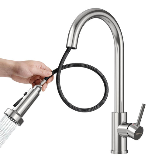 VANCOCO Pull Down Kitchen Faucet – 3-Mode Sprayer, Brushed Nickel, High Arc Single Handle