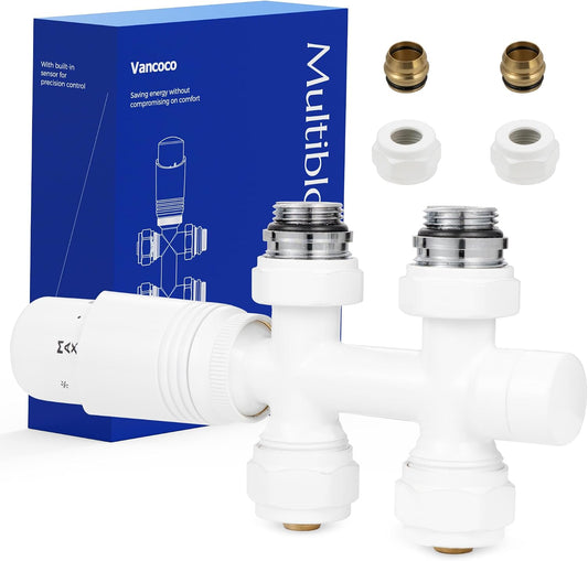 VANCOCO Weiß Thermostat Multiblock Hahnblock Durchgang 50mm Nabenabstand | Hahnblock Ventil-Armaturen Set Eurokonus für Ø16×2 Kunststoffrohre Ø15mm Kupferrohre passend für Heizkörper