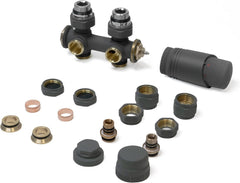 VANCOCO 2er Set Anthrazit Thermostat Hahnblock 50mm Eurokonus Heizkörper | 50mm Nabenabstand, Eck- und Durchgangsform, passend für Heizkörper & Badheizkörper mit Eurokonus Anschluss