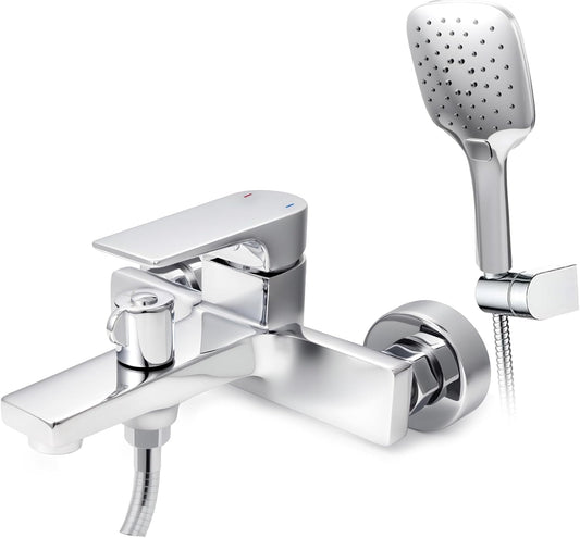 VANCOCO Wannenarmatur mit Handbrause, Komplett-Set aus hochwertigem Messing, Aufputz Badewannen-Armatur wassersparend mit Wandhalterung, Chrome