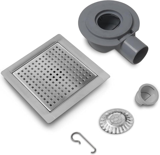 VANCOCO Edelstahl Duschablauf 150×150 mm mit Wasserdichtem Ring, Bodenablauf Duschrinne Quadrat 360° Siphon Randablauf mit Geruchsstop Ablaufrinne Haarsieb Gebürstet