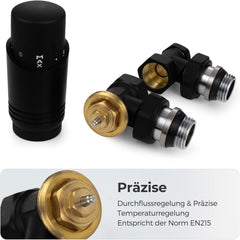 VANCOCO G1/2 Thermostatventil + Rücklaufventil mit verbessertem Dichtring, Eckform für Heizkörper, Schwarz, mit Flüssigfühler und Frostschutzstellung