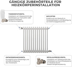 VANCOCO G1/2 Thermostatventil + Rücklaufventil mit verbessertem Dichtring, Eckform für Heizkörper, Weiß+vernickelt, mit Flüssigfühler und Frostschutzstellung