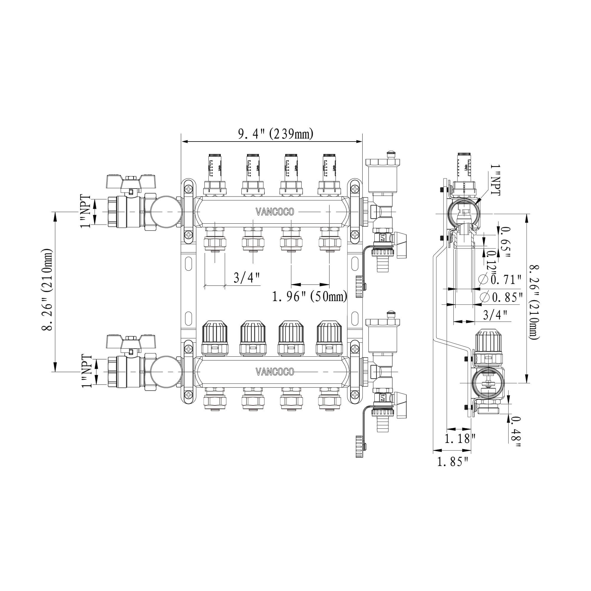 VANCOCO 4-Loop Stainless Steel PEX Manifold with 1/2" Adapters for Radiant Floor Heating