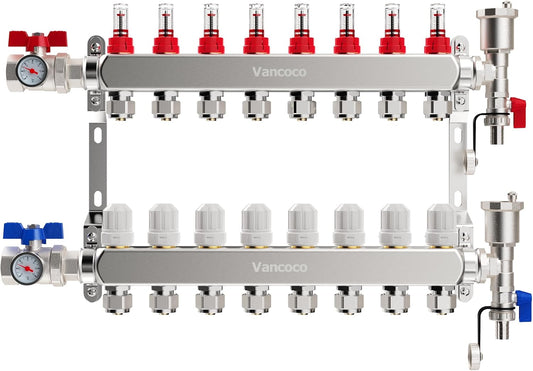 VANCOCO Heizkreisverteiler 8 Heizkreise Wasserfußbodenheizung | Verteiler mit Eurokonus 16×2 mm, 1" kompakte Kugelhähne, Durchflussmesser 5 L/min & Schnellentlüfter Set