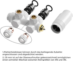 VANCOCO 2er Set Weiß Thermostat Hahnblock 50mm Eurokonus Heizkörper | 50mm Nabenabstand, Eck- und Durchgangsform, passend für Heizkörper & Badheizkörper mit Eurokonus Anschluss