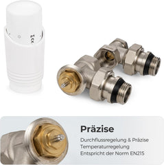 VANCOCO G1/2 Thermostatventil + Rücklaufventil mit verbessertem Dichtring, Eckform für Heizkörper, Weiß+vernickelt, mit Flüssigfühler und Frostschutzstellung
