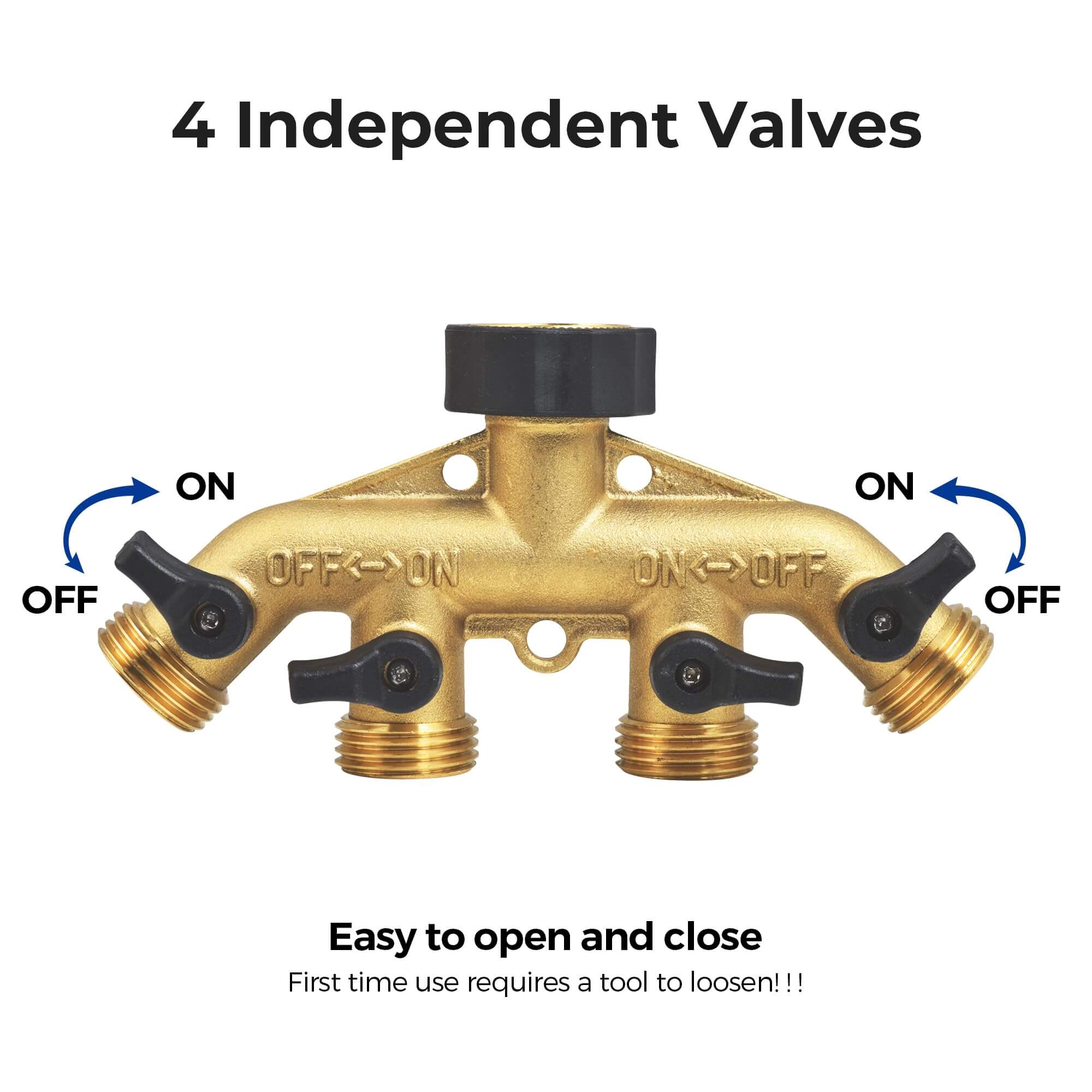 VANCOCO 4-Way Brass Garden Hose Splitter, 3/4" Heavy-Duty Hose Connector with Independent Valves